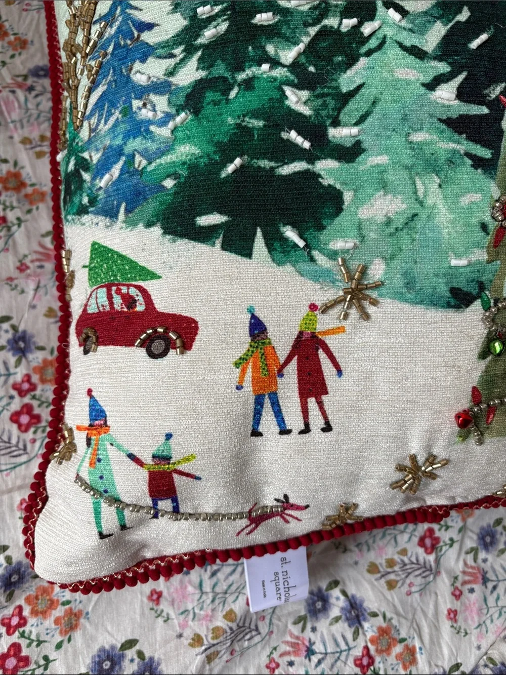 St. Nicholas Square Green and Blue Winter Forest Holiday Pillow